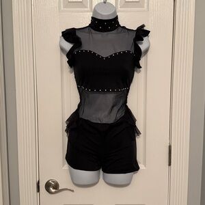 Black Sheer Ruffle Romper Dance Costume